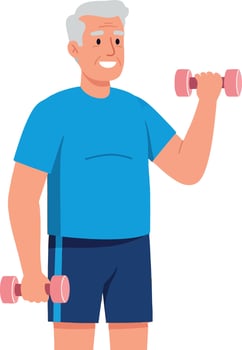 Senior man lifting pink dumbbells exercising in blue workout clothes illustration vector