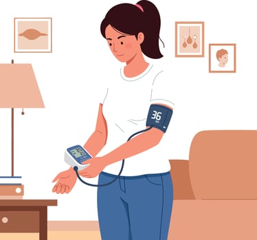 Woman Checking Blood Pressure Using Digital Monitor at Home Health Care Routine vector