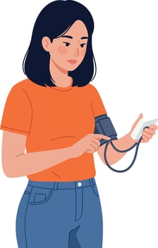 Woman measuring blood pressure with cuff and monitor health awareness concept illustration vector