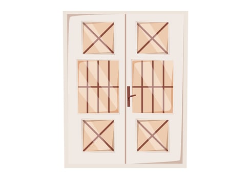 Classic double door with white panels, glass inserts. Flat cartoon isolated illustration of elegant vintage entrance for architectural, real estate, or decorative design use. vector