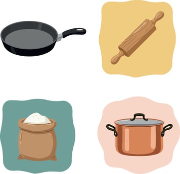 Kitchen cooking utensils frying pan rolling pin flour sack and pot illustration vector