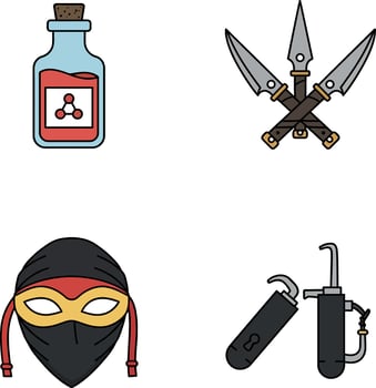 Ninja weapons and tools set with poison bottle, throwing knives, mask and smoke bomb illustration vector