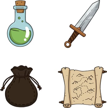 Potion bottle sword leather pouch and ancient map illustrations for fantasy adventure games and stories vector