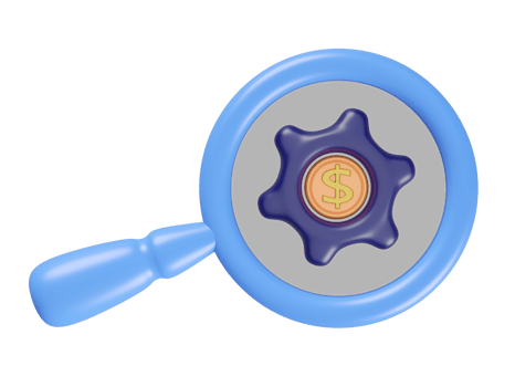 3d cartoon magnifying glass with dollar coins in gear icon isolated. find money and work ideas, 3d illustration render png