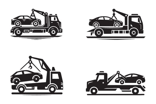 Set of tow truck pulls a car silhouette on white background. vector