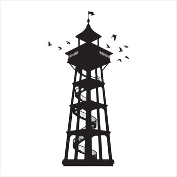 a black and white illustration of a lighthouse with birds flying around it vector