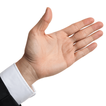 A light skin hand with a white cuff and a black suit sleeve, in a transparent background png