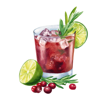 A glass of cranberry cocktail with lime and rosemary png