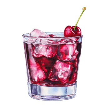 A glass of cherry whiskey with ice and cherries png