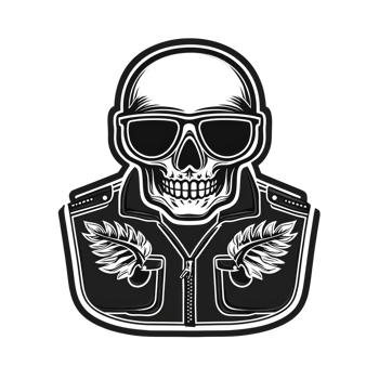 A stylized skull wearing sunglasses and jacket with wing designs, creating bold and edgy look. monochrome illustration emphasizes rebellious and artistic theme png