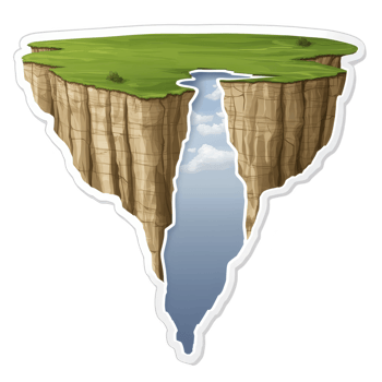 A floating island with grassy top and steep cliffs descends into narrow point, creating surreal and imaginative landscape. sky is visible through gap, adding depth and wonder png