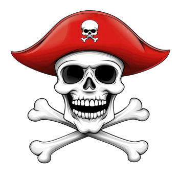 A skull wearing red pirate hat with crossbones underneath creates classic pirate symbol, evoking adventure and mystery png