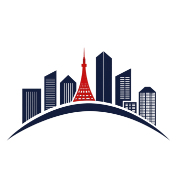 A stylized city skyline features prominent red tower amidst various skyscrapers, creating modern and urban atmosphere. design is simple yet striking, emphasizing tower unique architecture png