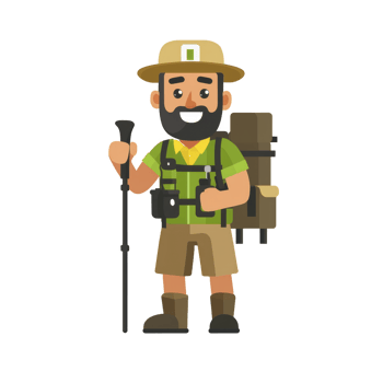 A cheerful cartoon park ranger is depicted wearing green shirt, brown shorts, and wide brimmed hat, holding walking stick and carrying large backpack png