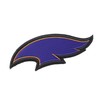 A This features stylized, embroidered patch shape of bird wing or feather, primarily blue with orange and black outlines. design is dynamic and sleek, suggesting motion or speed.Embroidered patch png