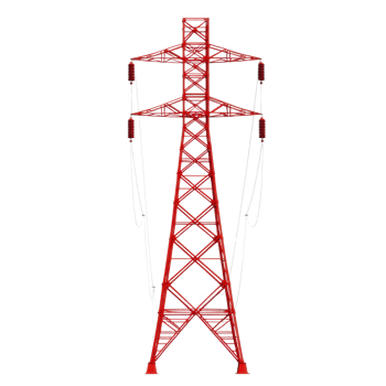 A red electricity transmission tower stands tall, showcasing its intricate lattice structure and insulators. tower is designed for high voltage power lines, emphasizing industrial engineering png