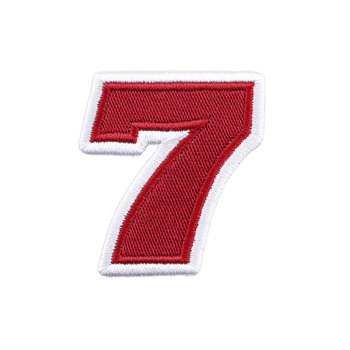 An image shows red embroidered number seven with white border transparency background. design is bold and eye catching, suitable for clothing or accessories.Red embroidered number seven with white png