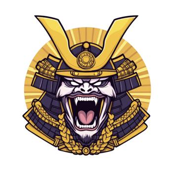 A fierce samurai helmet illustration with roaring expression, featuring intricate gold and purple details, symbolizing strength and tradition. design is bold and dynamic png