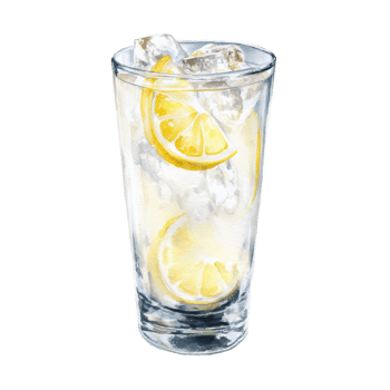 A glass of lemonade with ice and lemon slices png