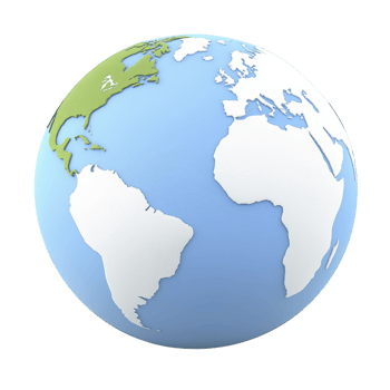 A 3D illustration of Earth showcasing continents white against blue ocean background, highlighting North America, South America, Europe, and Africa. globe is tilted, offering clear view of Atlantic png