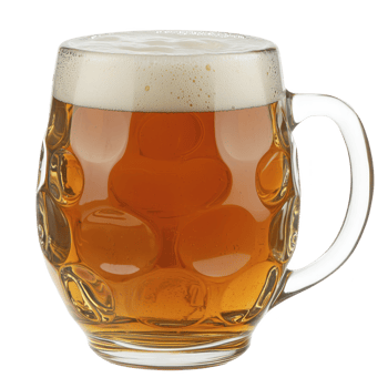 A frothy amber beer fills classic dimpled glass mug, showcasing its rich color and inviting texture. handle provides sturdy grip, perfect for enjoying refreshing drink png