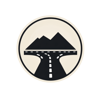 A circular icon features stylized road leading towards mountains, symbolizing travel and adventure. design is simple and monochromatic, evoking sense of exploration and journey png
