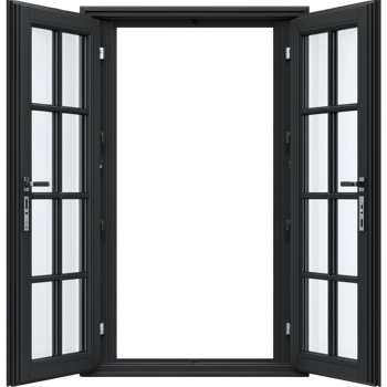 open black framed window with clear glass panes, inviting sense of openness and possibility. symmetrical design and sleek lines create modern aesthetic, perfect for contemporary spaces png