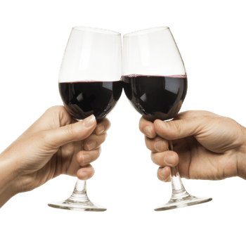Two hands clinking wine glasses filled with red wine, symbolizing celebration and joy. image captures moment of toasting, highlighting elegance and richness of wine png