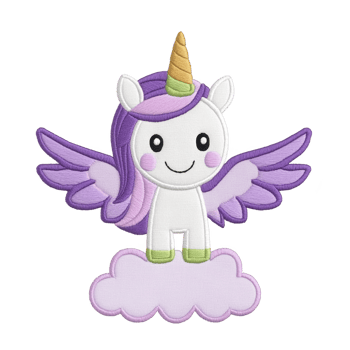 A Cute cartoon unicorn with purple wings and mane stands on fluffy cloud, smiling joyfully. unicorn has golden horn and green hooves, creating whimsical and magical atmosphere png