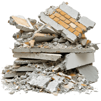 pile of broken concrete and bricks forms chaotic heap, showcasing aftermath of demolition. debris includes shattered bricks and crumbled cement, evoking sense of destruction png