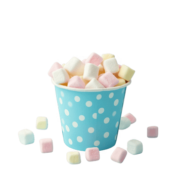 Marshmallows in polka dot cup on transparent background png