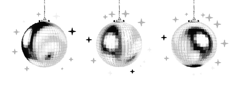 Disco Ball Halftone Party Set. Dance music collage with glowing stars on white background in retro pop art style. club dj retro vintage mirror texture 3D ball element isolated. vector