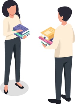 Two office workers are exchanging books, holding piles of colorful volumes in their hands, suggesting collaboration and knowledge sharing within a professional setting vector