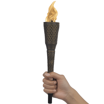 hand holding lit torch with golden flame, symbolizing strength and guidance. torch has textured, dark handle with crisscross pattern, evoking sense of tradition and ceremony png