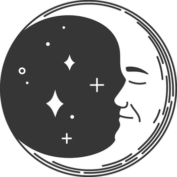 Minimalist illustration of a crescent moon with a serene face sleeping among small stars and plus signs, creating a peaceful and dreamy atmosphere vector