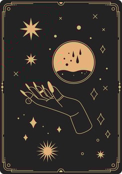 Elegant hand adorned with rings and long nails reaching for a magic potion, surrounded by stars and geometric shapes in a mystical, boho style vector
