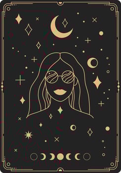 Minimalist line art illustration featuring a woman in sunglasses, surrounded by celestial elements like the moon, stars, and planets, evoking a mystical tarot card vibe vector
