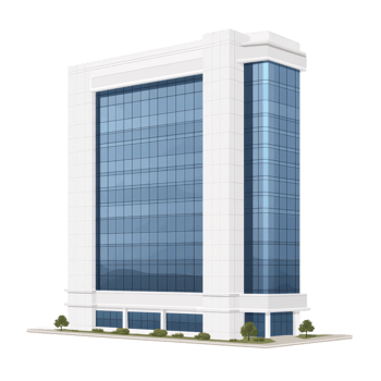 modern office building with sleek glass facade and white exterior, featuring multiple floors and minimalist design, surrounded by small shrubs png