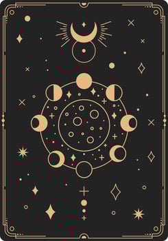 Golden esoteric moon phases and celestial bodies are depicted on a black background, creating a mystical and celestial themed poster or tarot card vector