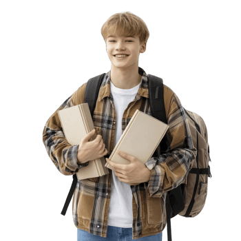 young student with cheerful expression holds books while wearing plaid shirt and backpack, ready for school. casual attire and positive demeanor suggest readiness for learning png