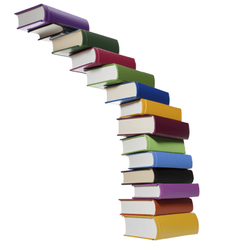 stack of colorful books is arranged in curved, leaning tower, showcasing variety of vibrant covers. books are stacked in way that creates visually striking and dynamic composition png