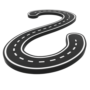 winding road with dashed white lines curves smoothly, creating dynamic and playful design. road black surface contrasts with bright white markings, suggesting movement and direction png