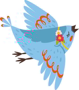 Cute cartoon blue bird flying joyfully while singing, adorned with a golden ribbon and surrounded by vibrant flowers, creating a cheerful illustration on a clean white background vector