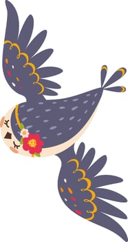 Cartoon illustration of a cute owl flying with flowers on its head and decorated wings, perfect for children's books, greeting cards, or any project that needs a touch of whimsy vector