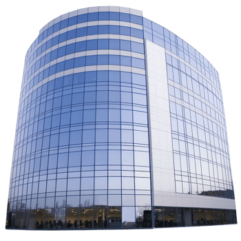 modern glass office building with curved facade reflects sky, creating sleek and contemporary appearance. structure features multiple floors with large windows png