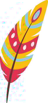 Colorful feather showing red, yellow and light blue stripes and dots, isolated on white background, representing lightness, freedom, and writing vector