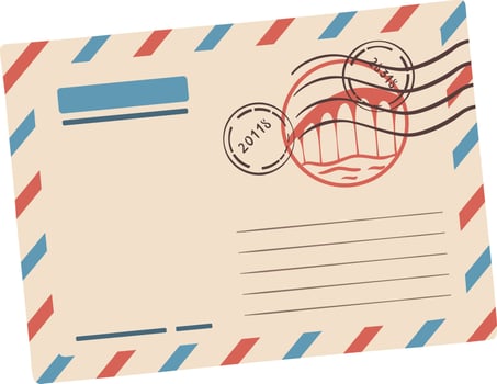Beige vintage airmail envelope with red and blue edges, featuring a circular stamp of a bridge over water and various postmarks, evoking nostalgia for historical communication vector