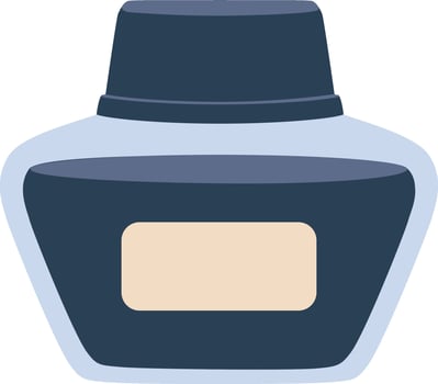 Glass inkpot with blank label containing blue ink, ideal for calligraphy, writing, and creative projects, providing a classic and elegant tool for artistic expression vector