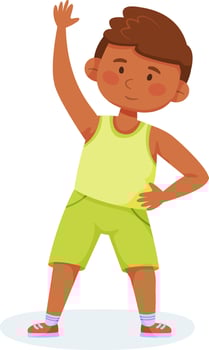 Cartoon boy wearing sportswear stretching his body and waving, promoting physical activity and healthy habits for kids, colorful illustration for educational or fitness content vector