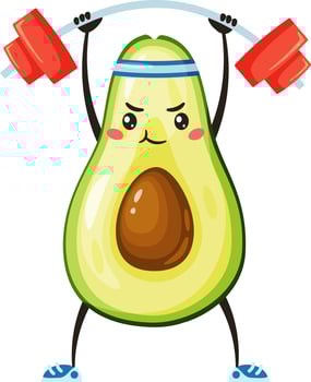 Cartoon avocado with a headband lifting a barbell, embodying fitness and healthy eating, promoting a balanced lifestyle through exercise and nutrition vector